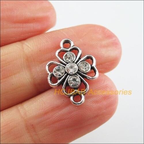 20 New Clover Charms Clear Crystal Flower Pendants Tibetan Silver Color 12.5x17mm