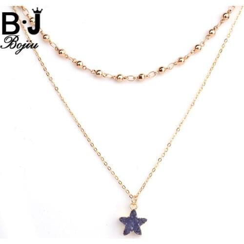 BOJIU Star Pendant Necklaces Natural Stone Copper Beads Cable Chain Two Layers Choker Necklace For Women Fashion Jewelry NKS114