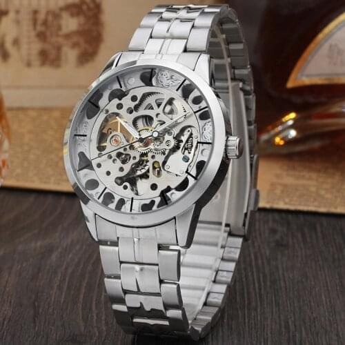 Mens Watch Gold Full Stainless Steel Transparent Automatic Mechanical Watch Skeleton Steampunk Clock Men Relogio Masculino 2019