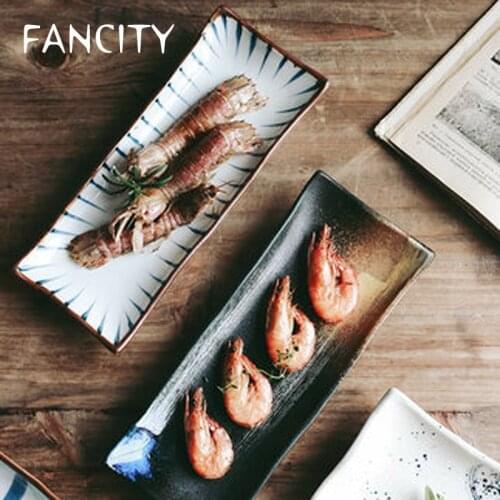 FANCITYJapanese style long plate sushi snack plate sashimi plate ceramic restaurant set plate rectangular plate saury plate
