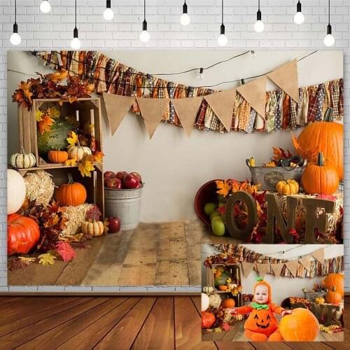 1st Birthday Backdrop Cake Smash Autumn Pumpkin Market Fall Wood Floor Bumper Harvest Baby Photography Background Prop Photocall