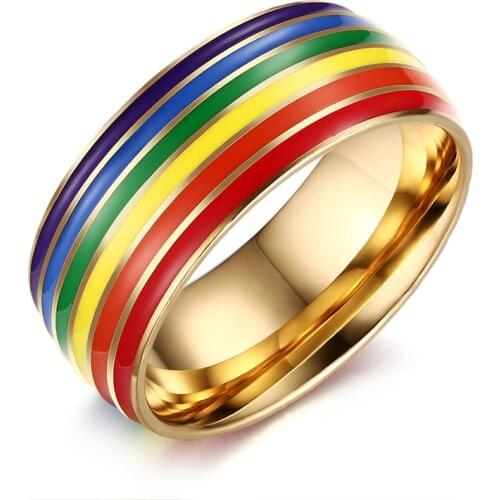 Gay homosexual lesbian rainbow gold color 8mm jewelry stainless steel rings for men and women