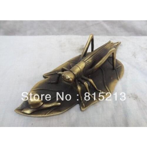 Wang 000187 8" Chinese Pure Bronze Carved Animals Sculpture Locust Snail On Leaf Statue