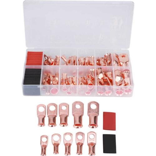 100Pcs Cable Lug Kit Brass Connector AWG Terminal + Black Red Heat Shrinkable H Tube 12x30mm