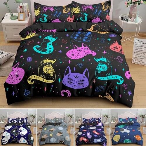 3D Space Cat Bedding Set Cartoon Cute Animal Duvet Cover Sets Twin Full Queen King Size Bedspread Christmas Gifts