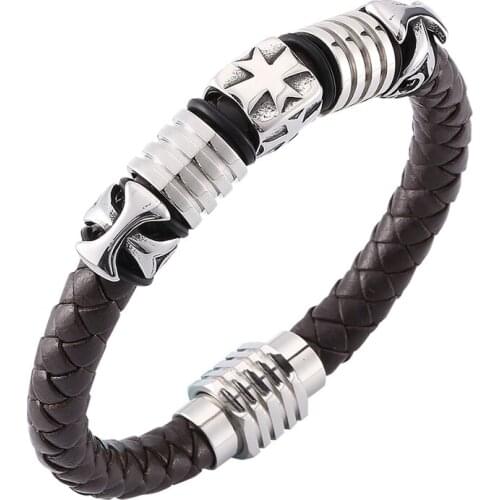 Brown Braided Leather Cross Bracelet Men Jewelry Punk Stainless Steel Magnetic Clasp Trendy Bracelets Bangles Male Gifts SP0138