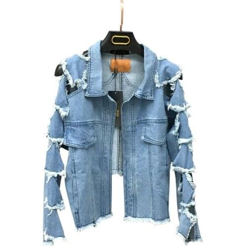Korean Personality Star Hollow Out Hole Ripped Womens Denim Jackets Boy Friend Bat Sleeved High Street Female Coats Open Stitch