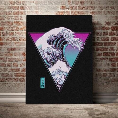 Modular Picture Kanagawa Surfing Synthwave Wall Art Canvas Painting Retro Simple Poster and Prints Home Decor for Living Room