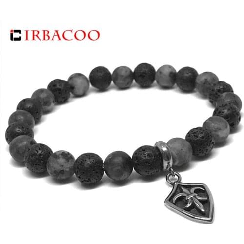 IRBACOO 2020 NewTrendy Men Bracelet Stainlee steel Shield Charm Lava Stone Matte Gray Stone Beaded Bracelet For Men Jewelry