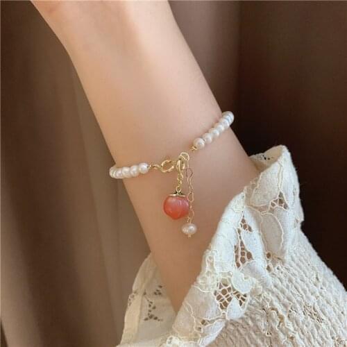 2021 New Korean Fashion Woman 100% Freshwater Round Pearl Peach Bracelet Bling Jewelry Girl Daughter Birthday Gift Wholesale