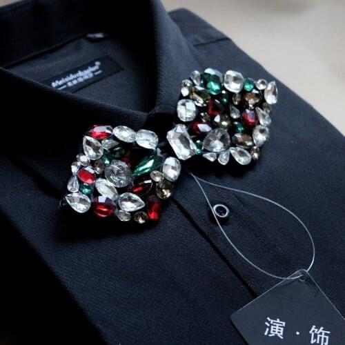 Original New Korean Necktie Mens Full Crystal Diamond Wedding Performance Banquet Host Bow Tie Brooch Epaulet