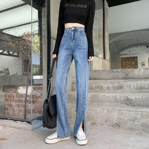 Autumn 2021 Jeans Women Fashion Slim Flare Pants Sexy Design Split Fork Pants Hem Street Wear High Waist Button Denim Trouser