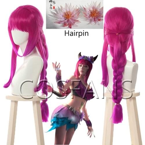 Wig LoL Elderwood Ahri Cosplay Wigs Long Braid Mixed Hot Pink Gradient Wig Heat Resistant Synthetic Hair A pair of hairpins