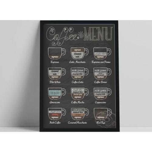 Coffee Menu Print Poster, Espresso Americano Coffee Latte Wall Stickers, Coffee Shops Vintage Wall Art, Cafes Wall Picture Decor