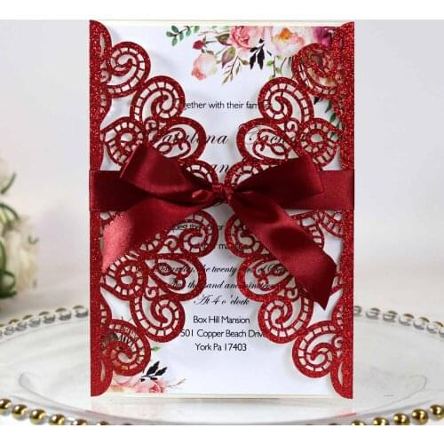 Red Glitter Wedding Party Invitation with Ribbon and Envelope Customized Laser Cut Quinceanera Invitations Sprinkle Invites 50pc