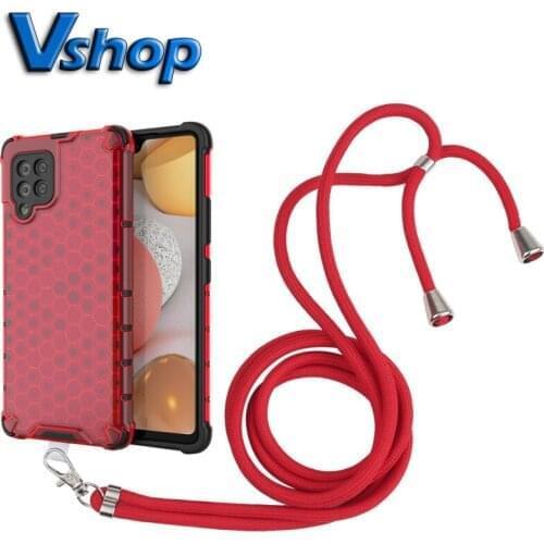 For Samsung Galaxy A42 5G Shockproof Honeycomb PC + TPU Case with Neck Lanyard Mobile Phone Protective Case Covers