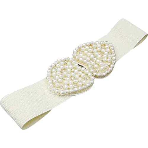 Luxury Women Heart Pearl Belt For Dress Elegant Floral Buckle Sweet Pearl Decoration Rhinestone Wedding Belt Elastic Waist New