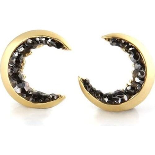 FYJS Unique Light Yellow Gold Color Crescent Moon with Irregular Shape Black Stone Stud Earrings Classic Jewelry