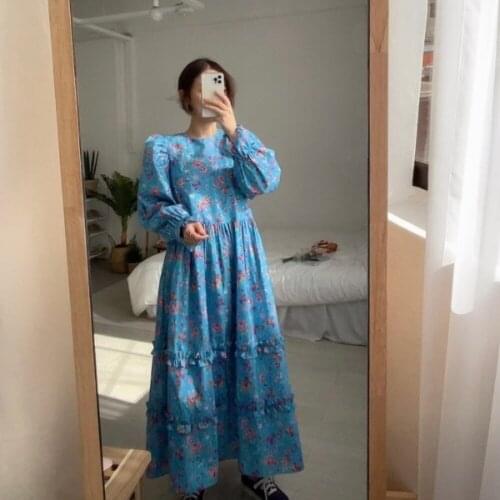 Chic early autumn elegant and comfortable bubble sleeve age reduction color loose show thin long sleeve long dress