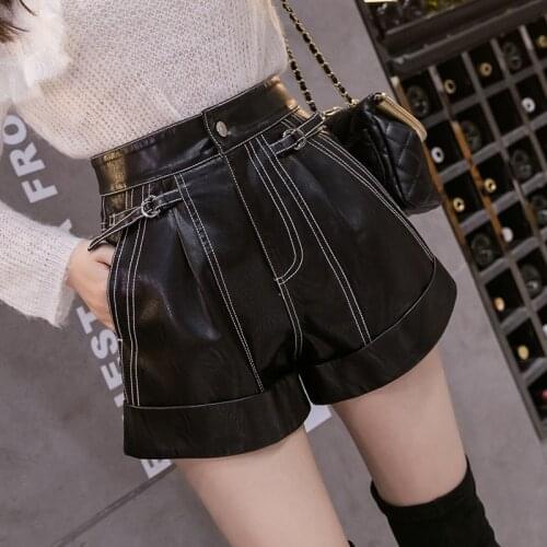 Black PU Leather Shorts Women High Quality Wide Leg Faux Leather Shorts High Waist Shorts For Women Autumn Loose PU Shorts