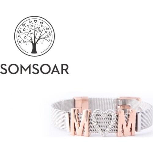 Somsoar Jewelry Silde Charm Bracelet Set Mesh Stainless Steel MOM Bangle Set as Mothers Day Gifts