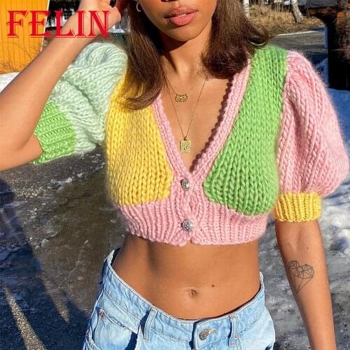 Za 2021 Women Sexy Patchwork Colorful Knitted Sweaters V Neck Short Sleeve Cropped Tops Mujer Streetwear Y2K Girls Cardigans
