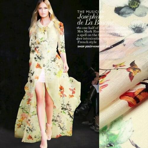140cm wide 13.5mm 30% silk 70% linen floral print yellow summer fabric a little transparent and hard fabric D177