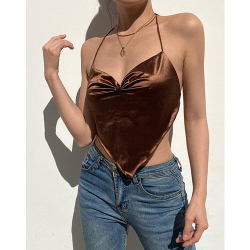 Halter Top V-neck Sexy Summer Casual Wear for Women New triangle square scarf V-neck sexy satin wavy edge hollow fold
