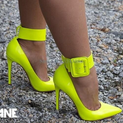 Candy Colors Patent Leather Stiletto Heel Shoes Pointed Toe Shallow Thin High Heel Pumps Yellow Pink White Red Buckle Strap Shoe