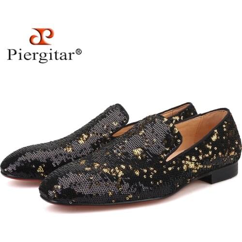 PIERGITAR 2019 black gold colors luxurious sequins men loafers wedding and prom mens casual shoes red bottom smoking slippers