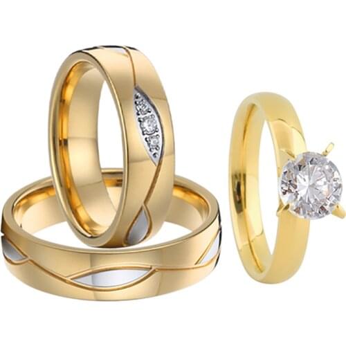 Vintage 3pcs Lovers Alliance Promise Proposal Ring 14k Gold Plated Jewelry Wedding Engagement Rings Set for Men And Women