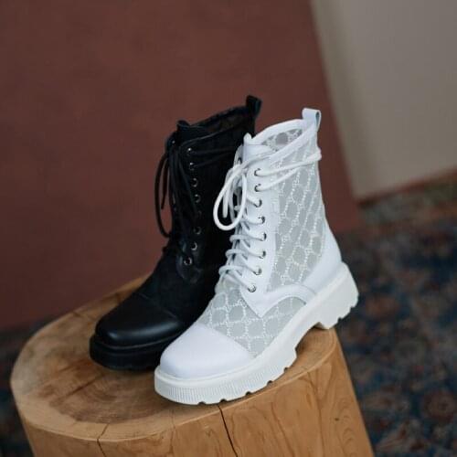 Osunlina 2021 Summer Ankle Boots Woman Square Toe Square Heels Genuine Leather Breathable Mesh Lace up Concise Handmade Shoes