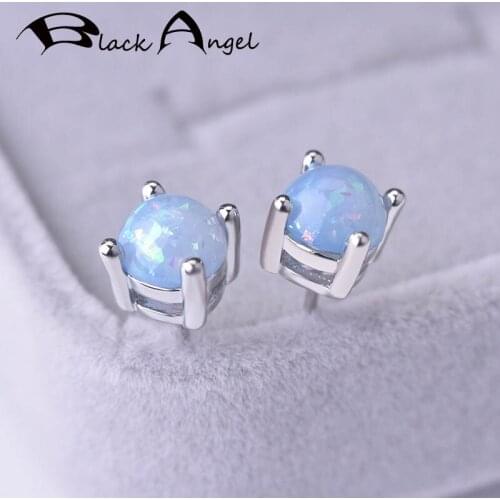 BLACK ANGEL 6MM Elegant Simple Fire Opal Earrings for Women 925 Silver Blue Hamsa Ear Stud Jewelry Gift Wholesale