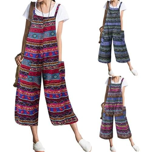 Women Retro Sleeveless Printed Pockets Bib Overall Jumpsuit Wide Leg Capri Pants Women Jumpsuit Wide Leg Capri Pants Jumpsuit