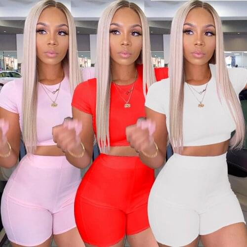 Womens Solid Color Round Neck Crop Short Sleeve Top Two-Pieces Set Cozy Sport Fitness Set Waist Pants Outfit