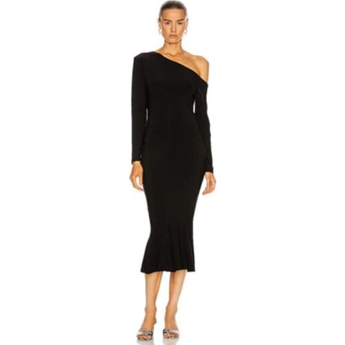 Black Strapless Long-sleeved New Summer Womens Sexy Elegant Club Party Midi Bandage Dress