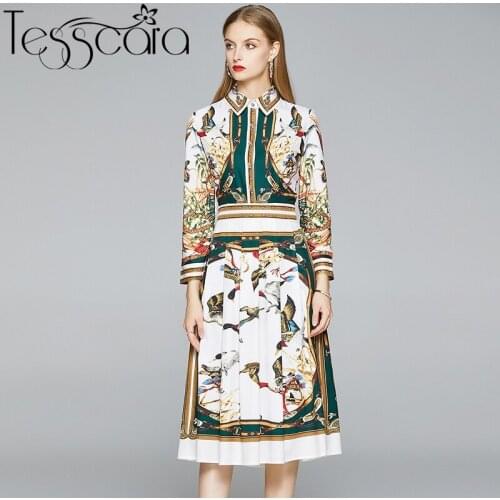 TESSCARA Women Autumn Vintage Print Dress Shirt Female High Quality Elegant Party Robe Femme Runway Designer A-Line Vestidos