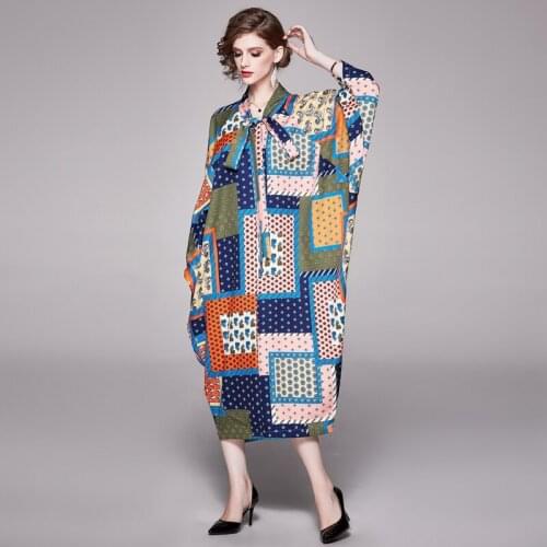 VAIR MUDO Women Dress Loose Waist Large Size Ethnic Style Retro Temperament Bat Sleeve Bohemian Long Skirt 2021 New Print Y-19