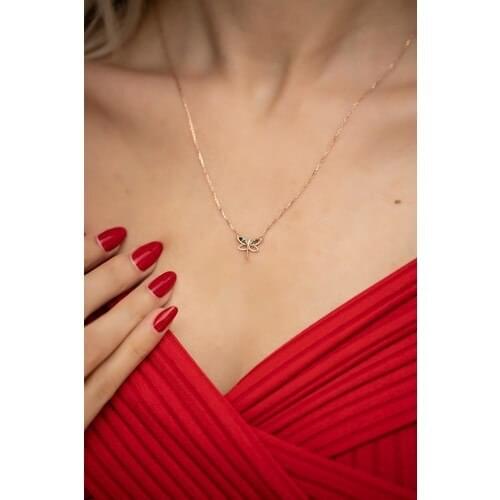 İzla Design 5537 Dragonfly Pattern Mix Cz Rose Plated Silver Necklace