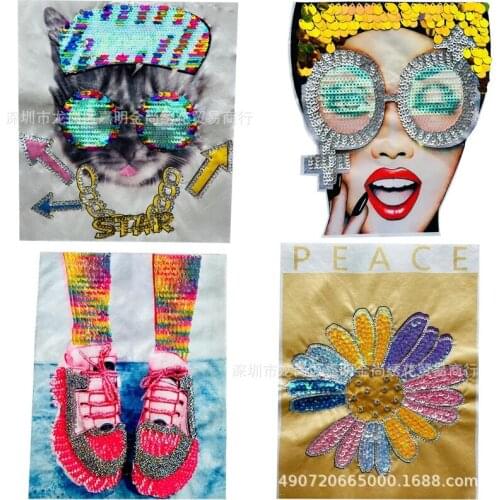 10pcs/lot Sew Embroidery Patch Sequin Fashion Print Beauty Cat Sunflower Shoes Clothing Decoration Sewing Accessories Applique