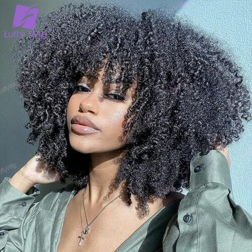 200% Density Afro Kinky Curly Wigs With Bangs Short Brazilian Remy Human Hair Machine Made Wig Glueless For Black Women Luffywig