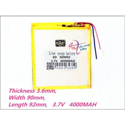 369092 3.7V 4000mAh 359092Polymer rechargeable 359095 batteries For PDA GPS 409092 Tablet PCs Digital Products DVD 359090 309090