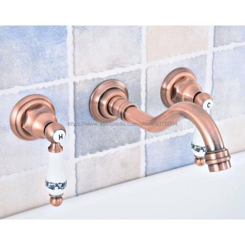 Antique Red Copper Antique Red Copper Lavatory Bathroom Vanity Faucet Wall Mounted Double Handles Basin Sink Mixer Tap Nsf523