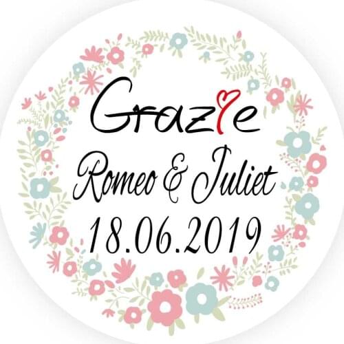 DouxArt 100pcs Stickers Personalized Wedding Grazie, 40 MM Garland Marriage Baptism Communion Invitation Labels Seals V408