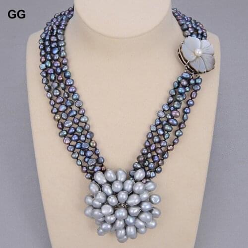GG Jewelry 18" 4Strands Natural Black Keshi Pearl Gray Pearl Flower Necklace For Women