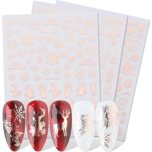 Holographic Red, Green and Gold Christmas Nail Sticker Shine Glitter Snowflake Elk Santa Claus Transfer Slider Winter 3D Decal