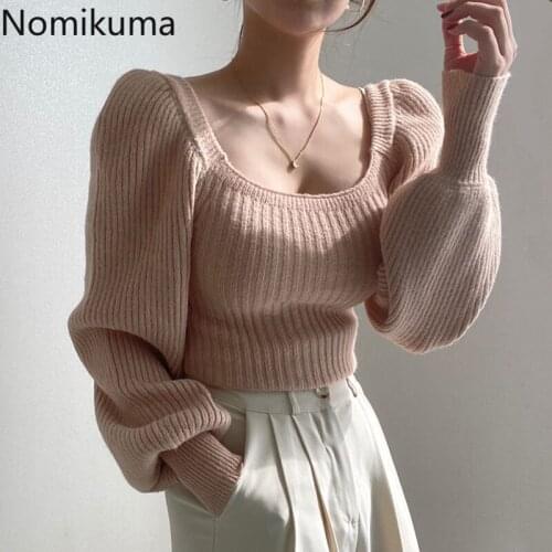 Nomikuma Korea Chic Autumn Winter Women Sweater Square Collar Puff Long Sleeve Causal Knitted Pullover 2020 New Pull Femme 6C870