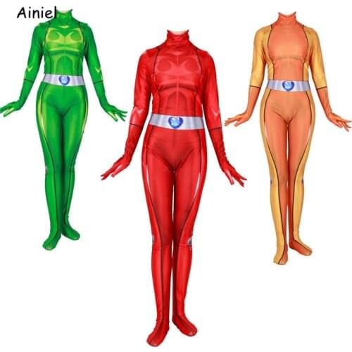 Anime Totally Spies Clover Ewing Samantha Simpson Alexandra Cosplay Costume Bodysuit Suit Zentai Jumpsuits for Women Girls Kids