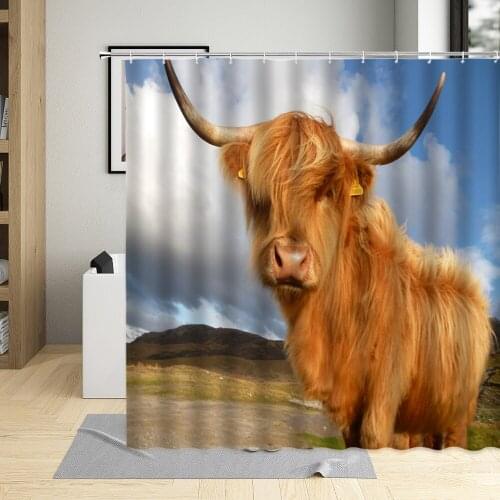 Cattle Highland Cattle Shower Curtain Sets Brown Yak Grassland Farm Animals Green Grass Wall Decor Bathroom Curtains Screen