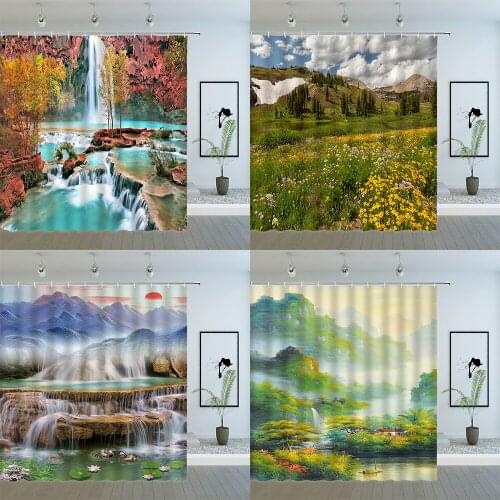 Landscape Shower Curtains Forest Plant Tree Waterfall River Natural Scenery Pattern Print Bathroom Decor Polyester Curtain Set